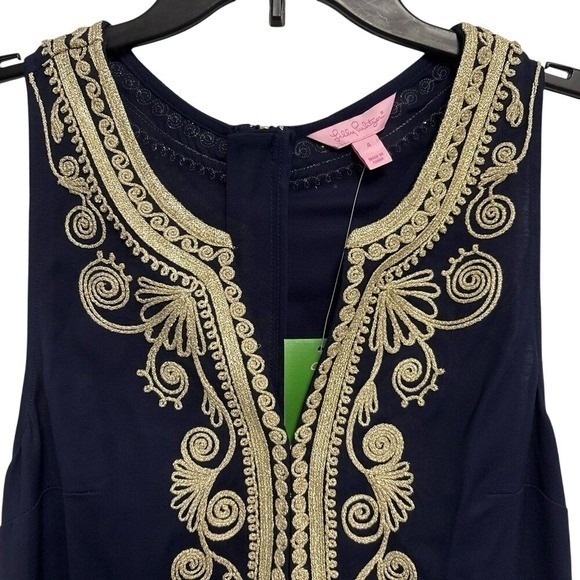 NWT Lilly Pulitzer Carlotta Shift Dress Womens 4 Navy Gold Embroidered Stretch - Picture 3 of 9